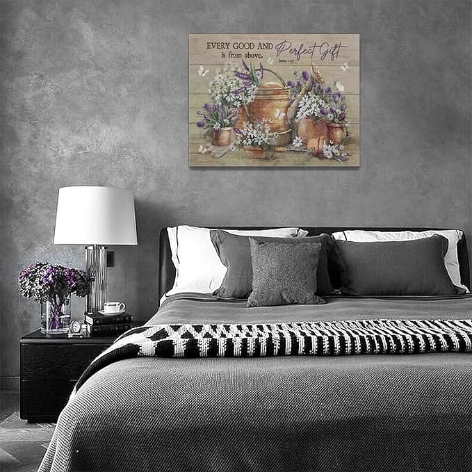 Country Bathroom Flower Wall Art Farmhouse Lavender Wall Decor Rustic Scripture Sign Canvas Painting Artwork Home Decorations for Man Teenager Office Bedroom Living Room Bathroom 16"x12"