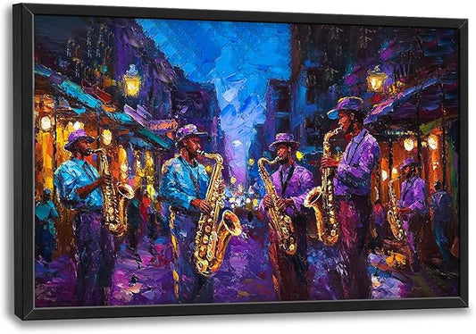 SweetFox Extra Large Banksy Jazz Music Framed Wall Art for Living Room, Jazz Band Banksy Pictures Oversized Wall Decor Abstract Canvas Painting Print Artworks for Bathroom Master Bedroom 36L X 24W