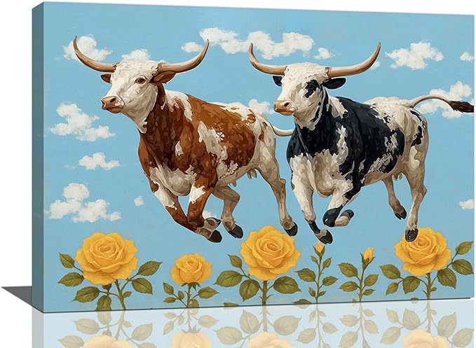 Longhorn Wall Decor Funny Cow Canvas Wall Art Cute Cattle Pictures Painting Artwork Framed Decoration for Bedroom Bathroom Living Room Kitchen Dining Room Office 16"x24"