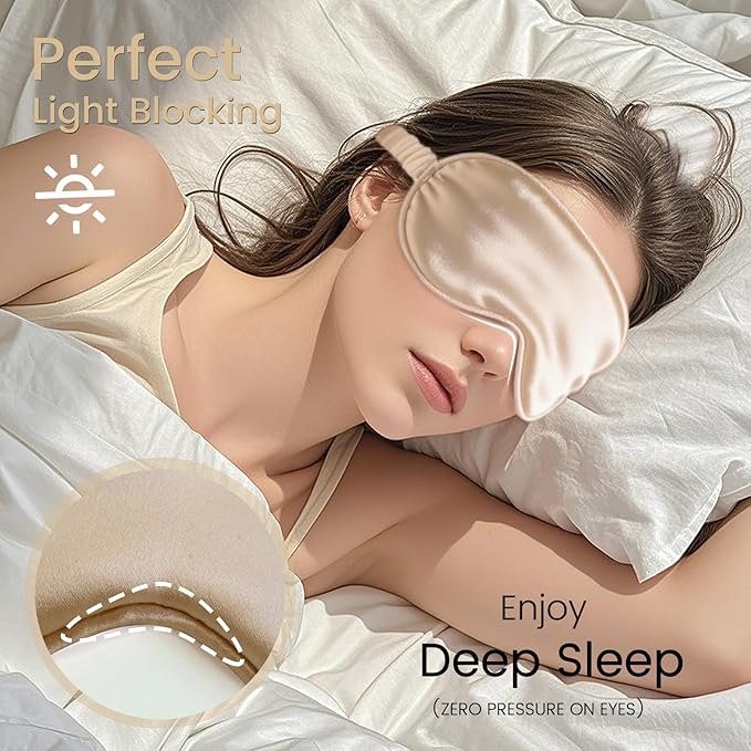 Pure 22 Momme 6A Grade Mulberry Silk Sleep Mask for Side Sleepers - 100% Blackout Eye Mask with Travel Pouch (Champagne)
