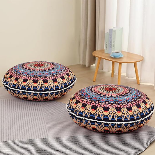 32 inches Meditation Floor Cushion for Adults, 2 Pack Round Large Thick Floor Pillow, Memory Foam Filling, Blue