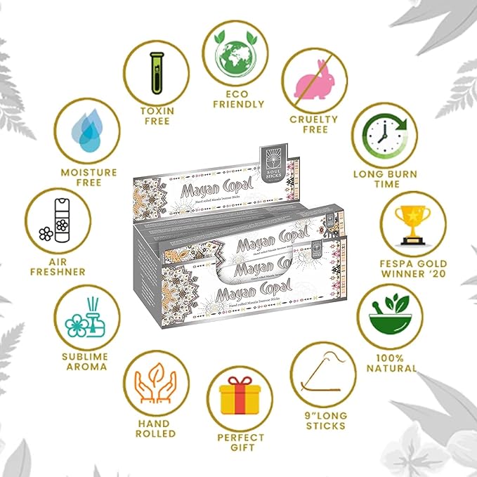 SOUL STICKS Handmade Incense Sticks Mystic Spirit Blends 180 Gram 12 Pack Box | 100% Natural Masala Incense Organic Home Fragrance Agarbatti (Mayan Copal)