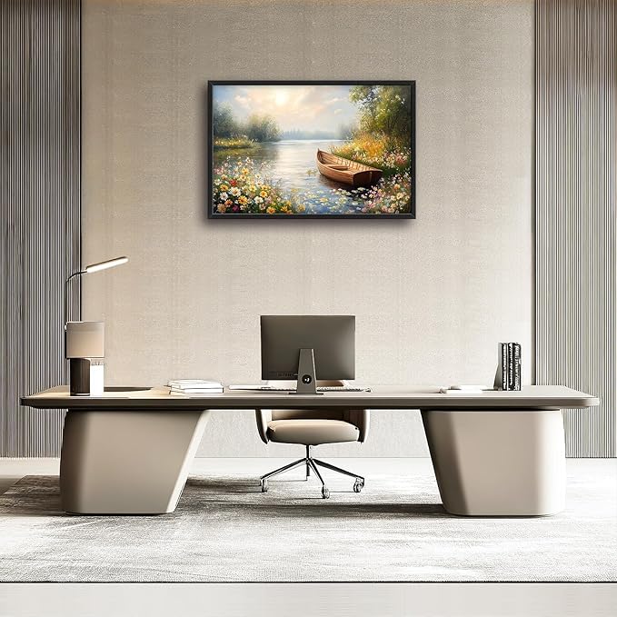 Framed Large Wall Art for Living Room, Lake Boat Canvas Wall Decor, Flower Pictures Painting, Natural Landscape Artwork for Living Room Bedroom Office 36L'' × 24W''
