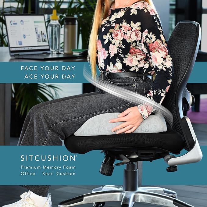 Pressure Relief Seat Cushion for Tailbone Pain - X Large Office Chair Cushion for Back Pain, Coccyx & Sciatica Pain Relief Pillow. Memory Foam Seat Cushions for Office Chairs. Extra Cover (Black)