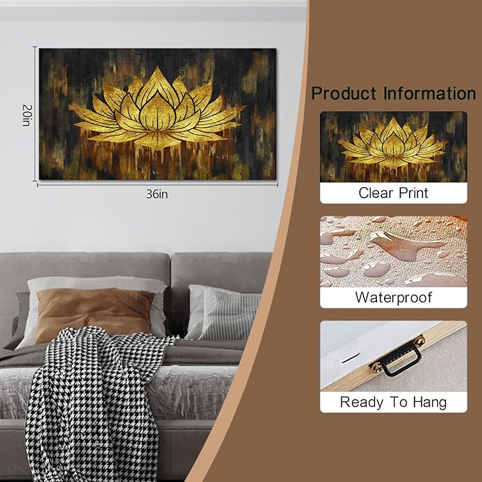 SkenoArt Gold Lotus Wall Art Abstract Zen Lotus Canvas Wall Art Gold and Black Zen Flower Picture Artwork for Living Room Home Bedroom Wall Decor Stretched and Framed 20x36 inch