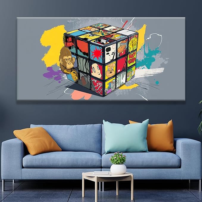 Suconvng Large Abstract Wall Art Graffiti Cube Wall Art Picture Painting Canvas Art Wall Decor Artwork Print Picture For Bedroom Multicolor Office Home Wall Decor Artwork 29 X 58 In