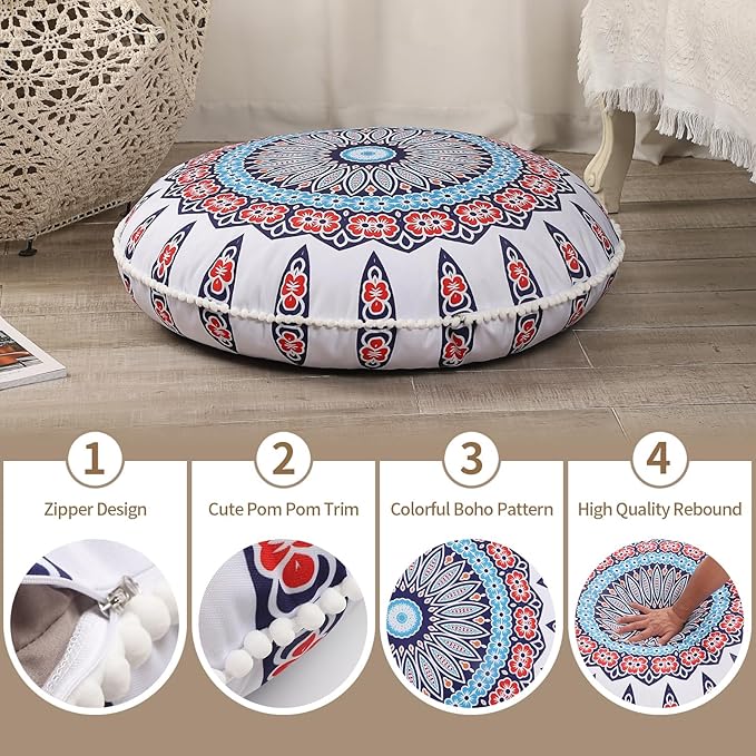 32 inches Meditation Floor Cushion for Adults, 2 Pack Round Large Thick Floor Pillow, Memory Foam Filling, Floral