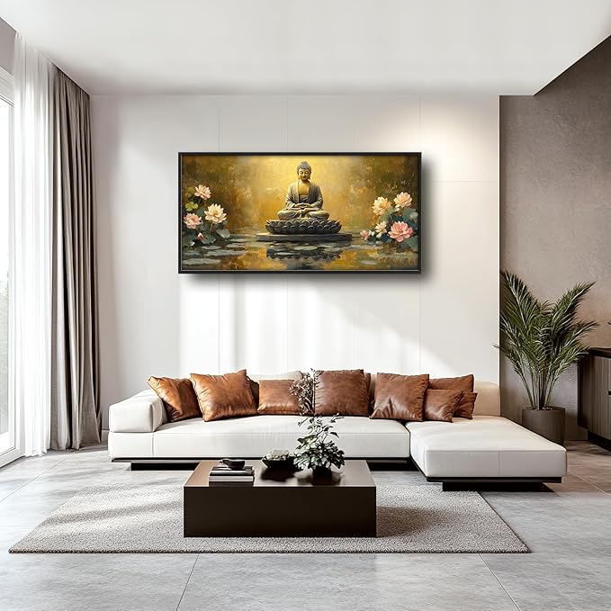 Buddha Large Wall Art Golden Buddhist Pictures Wall Decor Zen Lotus Big Canvas Painting Prints Framed Artwork Home Decorations Above Bed for Bedroom Living Room Dining Room Bathroom 60"x30"