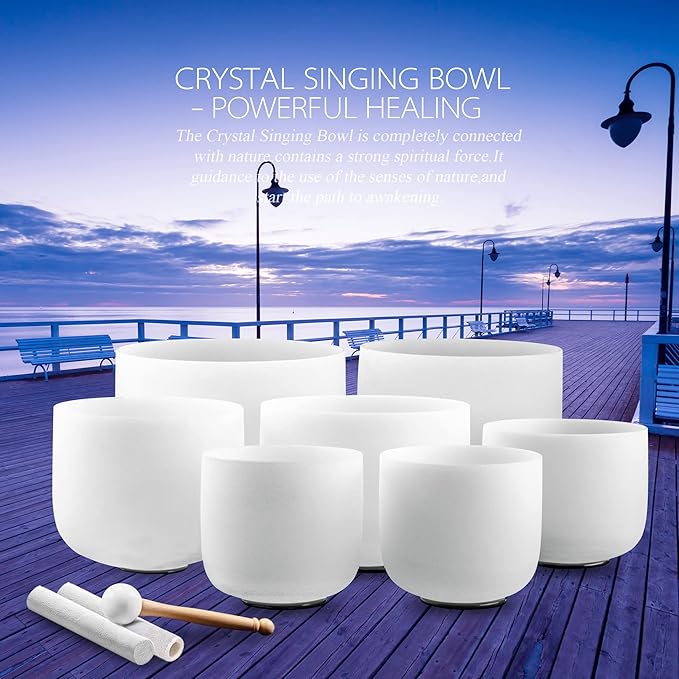 RYAN DVAN 432Hz 7-12 inch Crystal Singing Bowl Set of 7 with Free Carrying Case, Frosted Quartz Sound Bowls for Chakra Healing, Meditation,Yoga,Sound Therapy,Mindfulness,Relaxation & Stress Relief
