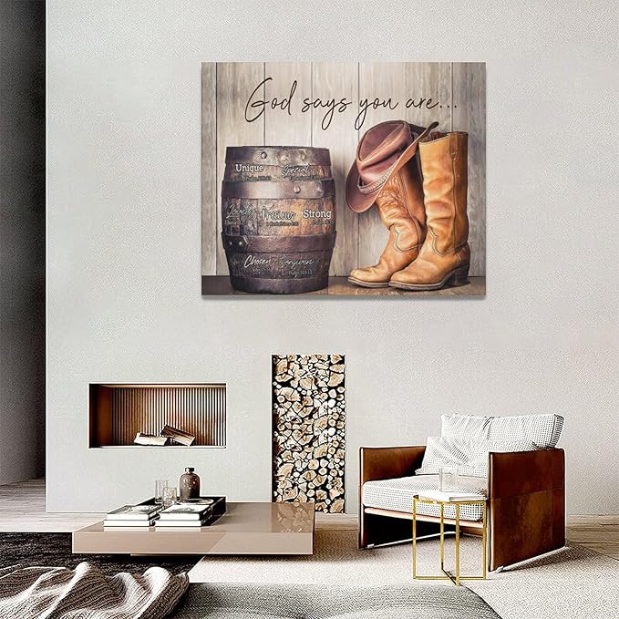 God says you are decor wall art western cowboy canvas Pictures cowboy boots Wall Decor Christian Canvas Prints Painting Framed Artwork for Bathroom living room Bedroom 20"x16"