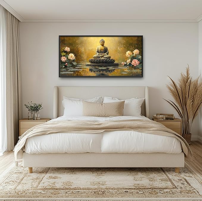 Buddha Large Wall Art Golden Buddhist Pictures Wall Decor Zen Lotus Big Canvas Painting Prints Framed Artwork Home Decorations Above Bed for Bedroom Living Room Dining Room Bathroom 60"x30"