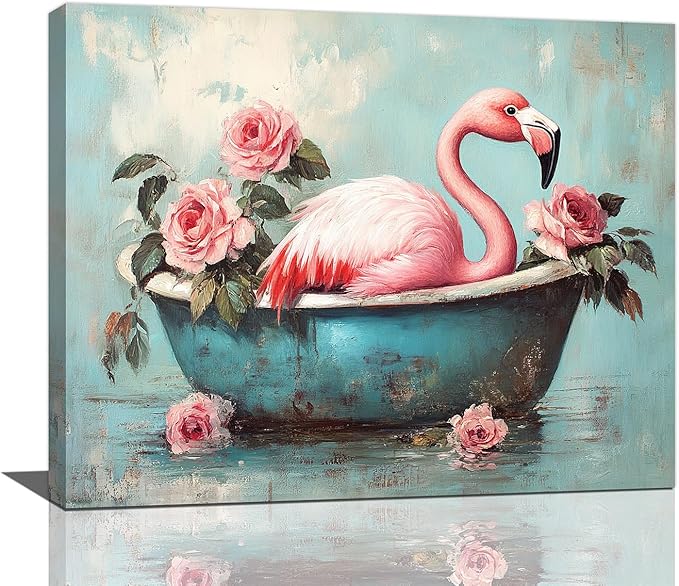 Olivine Flamingo Wall Art, Funny Animal Bathtub Pictures Wall Decor, Vintage Flamingo Bathroom Painting Tropical Animal Canvas Prints, Framed Artwork for Bedroom Living Room Office Home 20"x16"