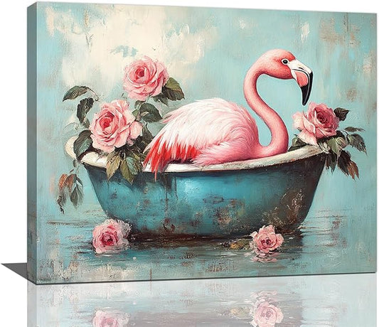 Olivine Flamingo Wall Art, Funny Animal Bathtub Pictures Wall Decor, Vintage Flamingo Bathroom Painting Tropical Animal Canvas Prints, Framed Artwork for Bedroom Living Room Office Home 20"x16"