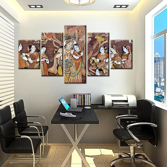 Radha Krishna Wall Decor for Living Room Watercolor Indian God Canvas Print 5 Piece Vintage Artwork Framed 60" Wx32 H