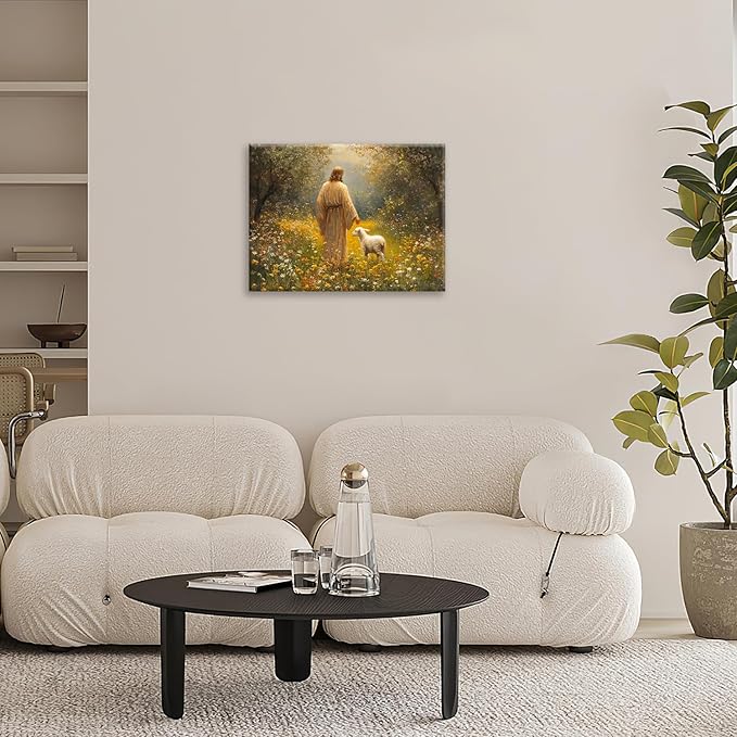 Olivine Christian Wall Art, Jesus Pictures Wall Decor, Lamb Painting, The Lost Sheep Canvas Prints, Framed Artwork for Kitchen Bathroom Bedroom Living Room Office Home Decoration 16"x12"