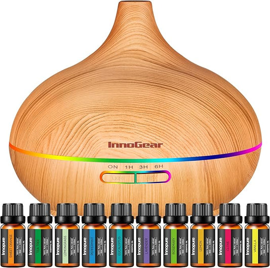 InnoGear Aromatherapy Diffuser & 10 Essential Oils Set, 400ml Diffuser Ultrasonic Diffuser Cool Mist Humidifier with 4 Timers 7 Colors Light Waterless Auto Off for Large Room Office, Yellow Wood Grain