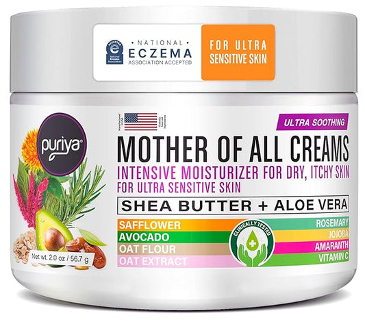 Puriya National Eczema Association Accepted Cream 2 oz, Dry Itchy Skin Relief, Colloidal Oatmeal Lotion, For Kids, Adults, Face, Hands, Mother of All Creams, Plant-Based Hydration,No Fragrance Added