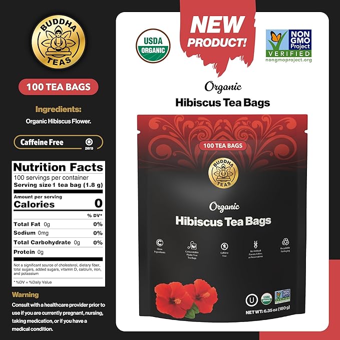 Buddha Teas - Organic Hibiscus Tea Bags - For Health & Wellbeing - With Antioxidants & Vitamin C - Clean Ingredients - Caffeine Free - OU Kosher & Non-GMO - 100 Non-String Tea Bags (Pack of 1)