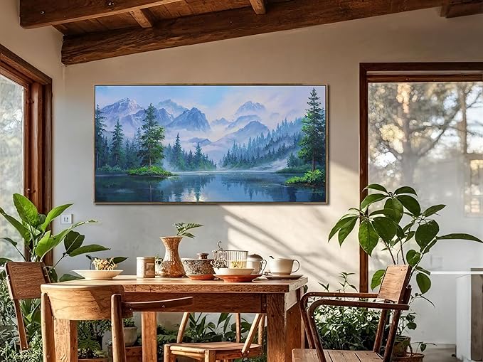 Ardemy Landscape Wall Art Canvas for Living Room Mountain Lake Nature Bedroom Painting Textured Misty Forest Scenery Picture Green Blue Artwork Home Office Decor, Wood Framed Large 48"x24"