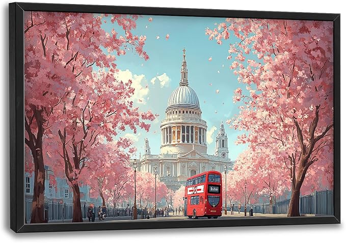 London Paul’s Cathedral Large Wall Art Cityscape Cherry Blossom Pictures Wall Decor Street Scene Canvas Spring Print Painting Modern Artwork Home Decoration for Living Room Bathroom Bedroom Office Framed 36"x24"