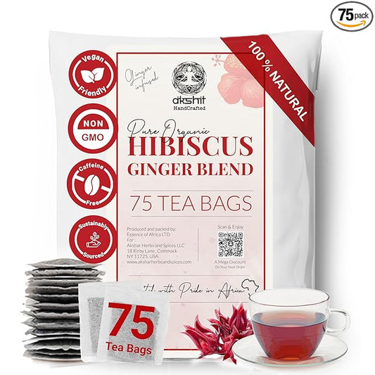 Akshit Hibiscus Ginger Tea, 75Tea Bags, Te De Hibisco, Hibiscus Tea Blend, Non-GMO, No Sugar, Caffeine free. Perfect for Hot or Iced Tea.