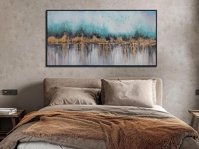 Ardemy Teal Abstract Canvas Wall Art for Living Room Landscape Painting Bedroom Turquoise Grey Textured Picture Artwork Wall Art for Men Home Office Wall Decor, Black Wood Framed Large 40"x20"