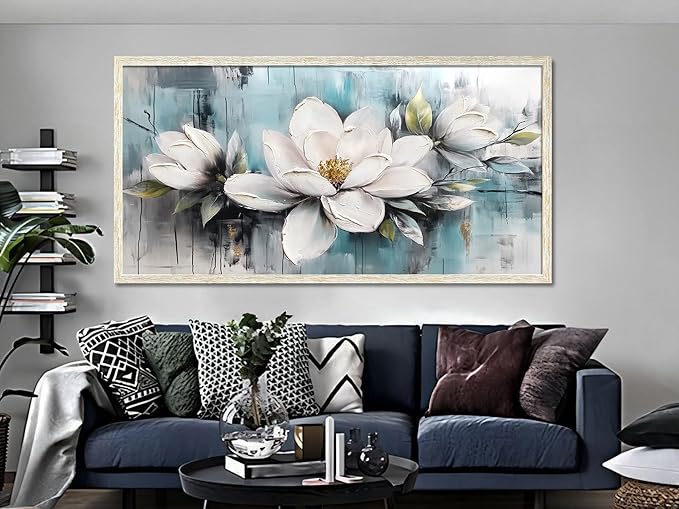 Ardemy Rustic Flower Wall Art Framed White Floral Canvas Painting Magnolia Textured Picture Teal Grey Artwork for Living Room Bedroom Dining Room Home Office Wall Decor, Large 48"x24"