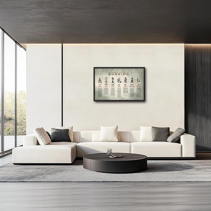 Japanese Bushido Large Wall Art Japan 7 Seven Virtues Pictures Wall Decor Inspirational Samurai Above Over Bed Canvas Prints Painting Framed Artwork Decoration for Bedroom Living Room Office 36"x24"