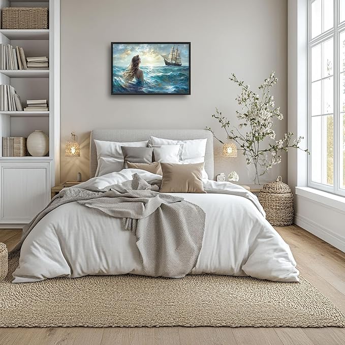Mermaid Large Wall Art Ocean Mermaid Boat Pictures Wall Decor Nautical Canvas Seascape Print Painting Modern Artwork Home Decoration for Living Room Bathroom Bedroom Office Framed 36"x24"