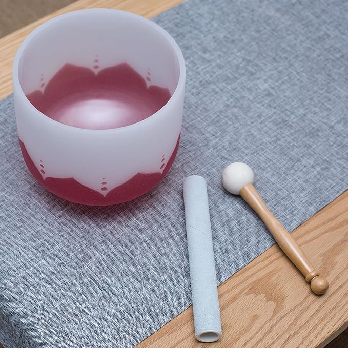 Leize Quartz Crystal Singing Bowl Lotus Design C Note Root Chakra White 10" with Heavy Duty Carrying Case Suede Striker