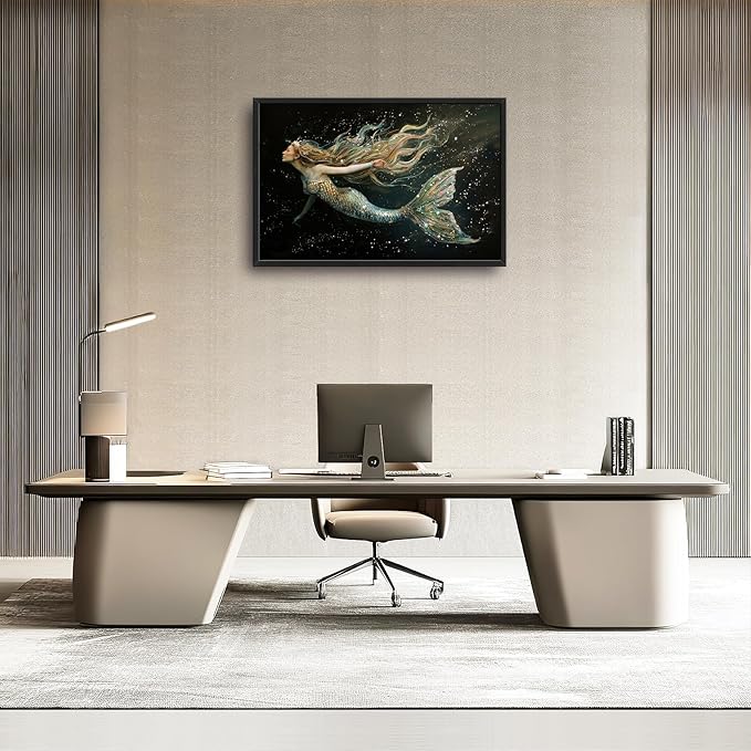 Mermaid Large Framed Wall Art for Living Room Golden Mermaid Pictures Wall Decor Ocean Print Painting Artwork Modern Home Decoration for Bedroom Office 36x24 inch