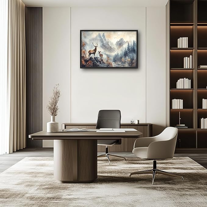 Deer Wall Art Large Landscape Nature Mountain Pictures Wall Decor Above Over Bed Canvas Prints Big Painting Framed Artwork Decoration for Bedroom Living Room Bathroom Office 36"x24"