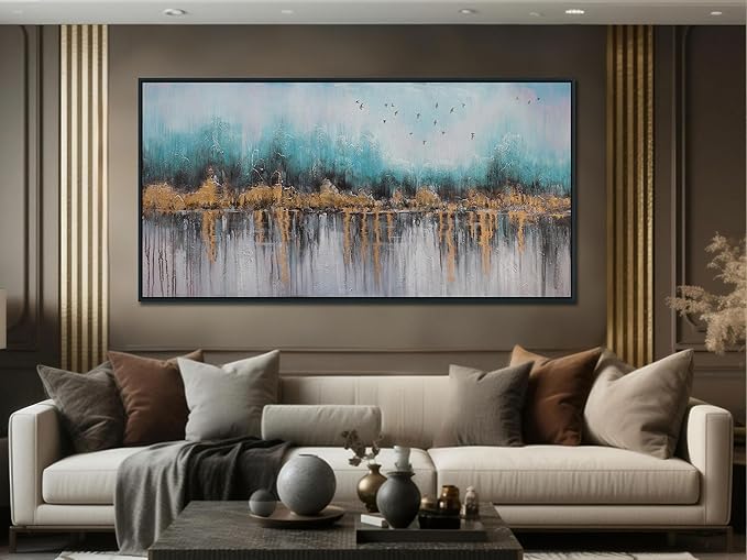 Ardemy Teal Abstract Canvas Wall Art for Living Room Landscape Painting Bedroom Turquoise Grey Textured Picture Artwork Wall Art for Men Home Office Wall Decor, Black Wood Framed Large 40"x20"