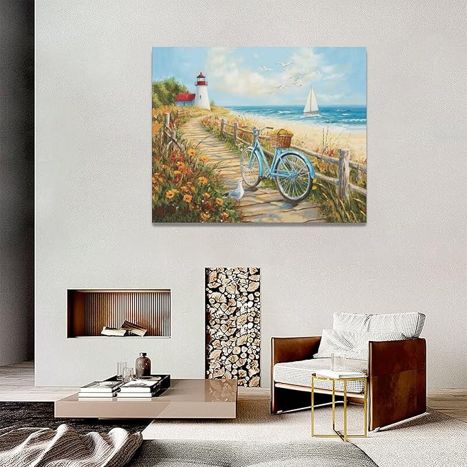 Olivine Coastal Wall Art, Beach Bicycle Pictures Wall Decor, Lighthouse Painting, Ocean Seascape Canvas Prints, Framed Artwork for Living Room Bedroom Bathroom Kitchen Office Home Decoration 20"x16"
