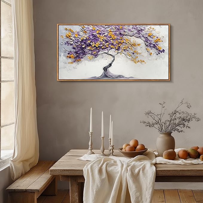 crmotu Tree of Life Framed Wall Art Large Artwork, Purple Gold Tree Abstract Art Prints, Nature Plant Aesthetic Canvas Art Wall Decor Living Room Bedroom, Zen Spiritual Home Decor Paintings 24x48inch