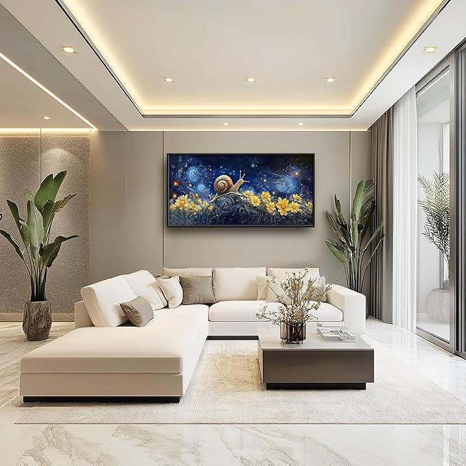 SweetFox Extra Large Snail Sunflower Framed Wall Art for Living Room, Snail Starry Night Sky Pictures Oversized Wall Decor Abstract Big Canvas Painting Print Artwork for Bathroom Bedroom 60L X 30W