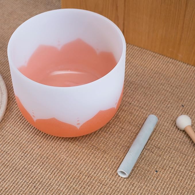 Leize Quartz Crystal Singing Bowl 432hz D Note Sacral Chakra Navel Chakra Orange Lotus Design 11" Wide with Suede Striker