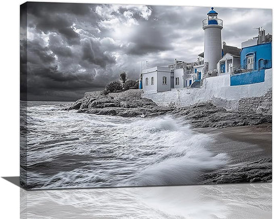 Olivine Beach Wall Art, Coastal Lighthouse Pictures Wall Decor, Black And White Painting, Nautical Canvas Prints, Framed Artwork for Bathroom Bedroom Living Room Office Home Decoration 16"x12"
