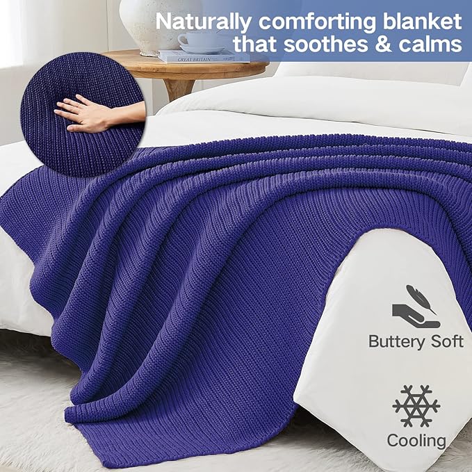 Guohaoi Knitted Weighted Blanket for Adults (Blue 60"x80" 25lbs) No Beads Cooling Throw Blanket for Hot Sleepers, Home Decor Breathable Chunky Knit Heavy Blanket Use on Queen/King Size Bed