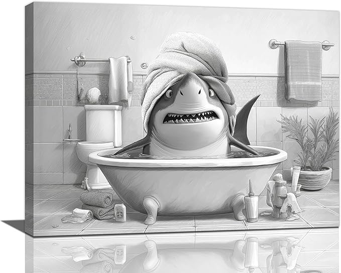 Funny Shark Bathroom Decor Wall Art Black and White Bathroom Pictures Painting Canvas Framed Toilet Humor Artwork Restroom Home Decoration Gifts for Women Girl 12"x16"