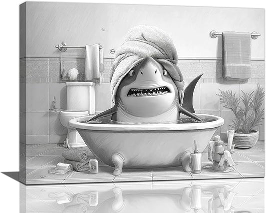 Funny Shark Bathroom Decor Wall Art Black and White Bathroom Pictures Painting Canvas Framed Toilet Humor Artwork Restroom Home Decoration Gifts for Women Girl 12"x16"
