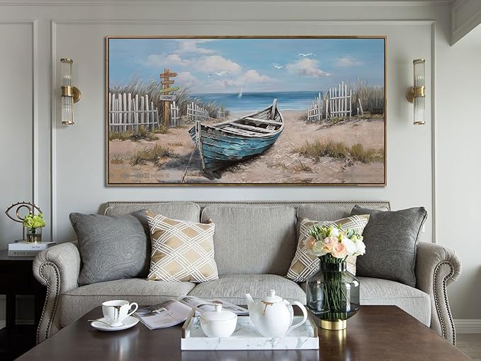 Ardemy Framed Blue Wall Art for Bedroom Canvas Picture Wall Decor Living Room, Textured Painting Beach Seascape Picture Artwork Kitchen Bathroom Dining Room Home Office, Large 40"x20"
