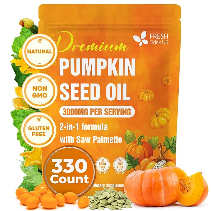 FRESHDRINKUS, 330 Premium Pumpkin Seed Oil Softgels with Saw Palmetto, | Cold-Pressed, Non-GMO, Gluten-Free, Vegan,