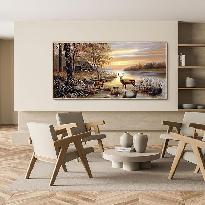 yiijeah Deer Pictures Wall Decor - Autumn Rustic Forest Cabin Painting Prints Wildlife Pictures Animal Elk Poster Oversize Canvas Wall Art Modern Hunting Decor Framed Artwork for Walls