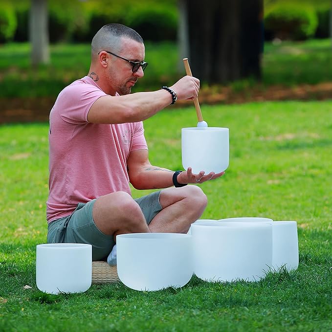 TOPFUND 8" D Note Crystal Singing Bowl Sacral Chakra with Heavy Duty Carrying Case and Suede Mallet