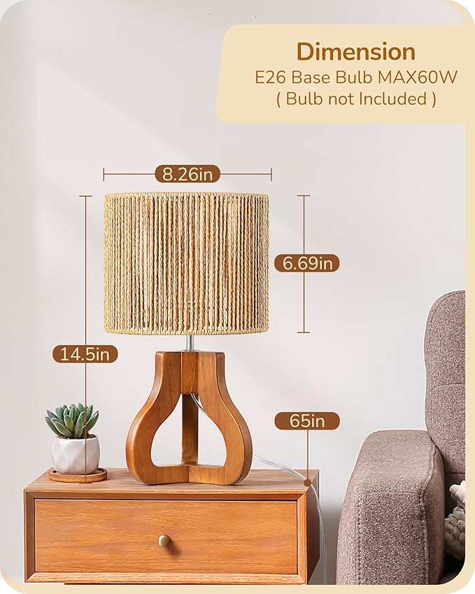 EDISHINE 14.6" Rattan Table Lamp, Rose Wood Tripod Nightstand Lamp, Handwoven Paper Rope Shade, Small Bedside Lamp for Bedroom Living Room, Office, On-Off Line Switch, E26 Base(Bulb Not Included)