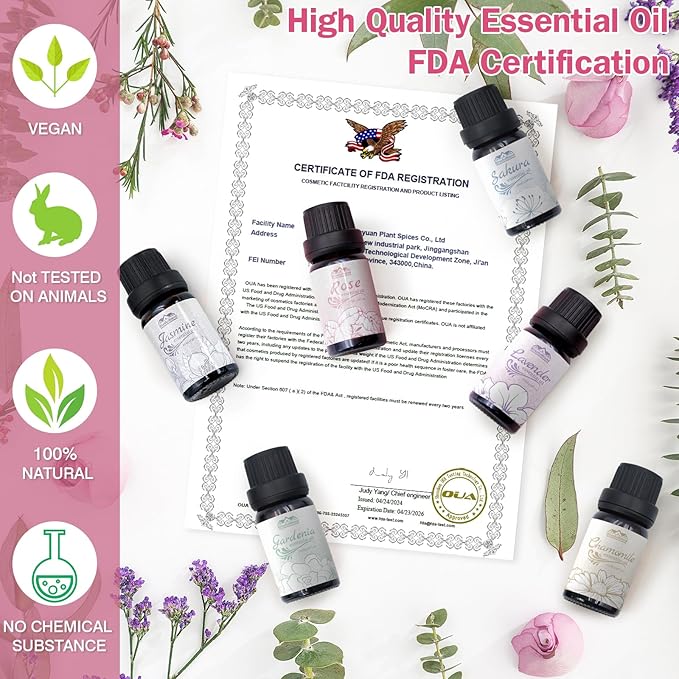 Floral Essential Oils Set Diffuser for Home, Hotel and Car Care, 6 Flavors Lavender, Jasmine, Rose, Chamomile, Sakura, Gardenia, Flower Fragrance Diffuser Essential Oil Gifts for Candle Making 10ML