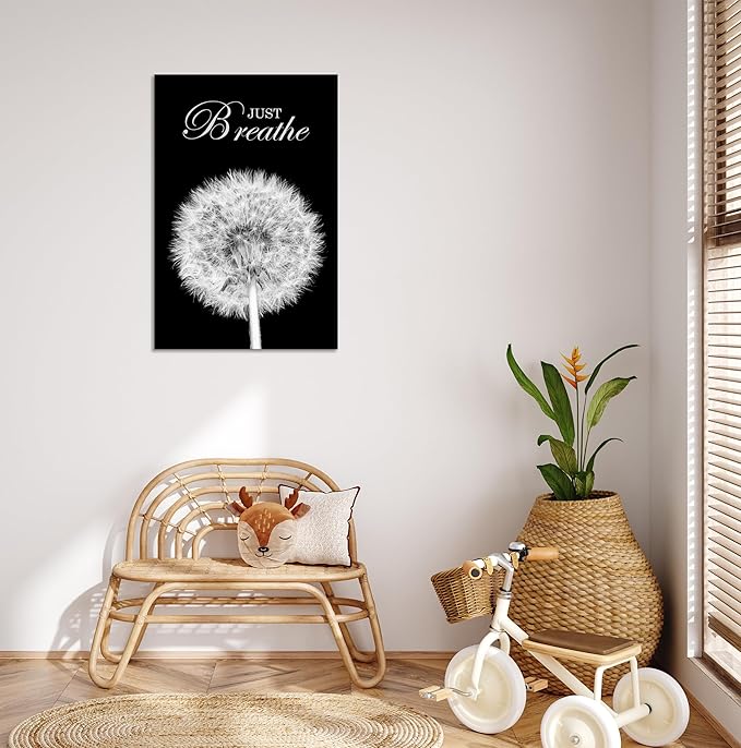 YIOZHAOFH Black Dandelion Picture Artwork Bedroom Decoration Just Breathe Canvas Painting Photo Relaxing Meditation Art Wall Decor Framed for Home Room Office Dorm (20L x 30W)