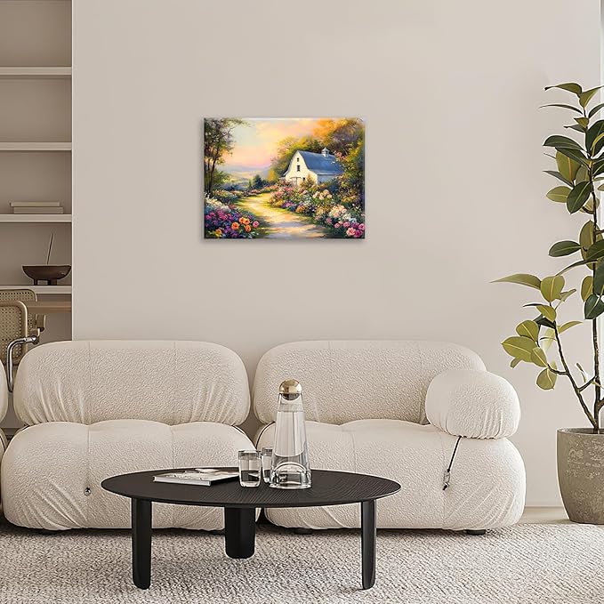 Olivine Garden Wall Art, Barn Pictures Wall Decor, Sunset Painting Vintage Village Garden Canvas Print, Framed Artwork for Living Room Bedroom Bathroom Office Home Decoration 16"x12"