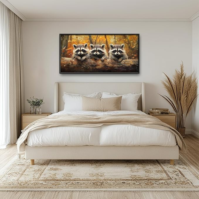 Raccoon Wall Art Raccoons Pictures Wall Decor Abstract Fall Large Master Over Above Bed Canvas Prints Autumn Horizontal Modern Artwork Painting Home Office Decorations For Kitchen Bedroom 30"x60"